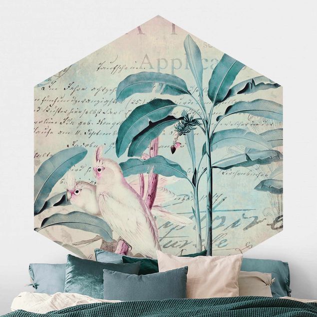 Self-adhesive hexagonal wall mural Colonial Style Collage - Cockatoos And Palm Trees