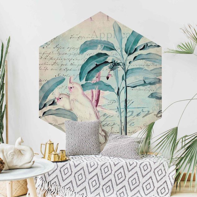 Self-adhesive hexagonal pattern wallpaper - Colonial Style Collage - Cockatoos And Palm Trees