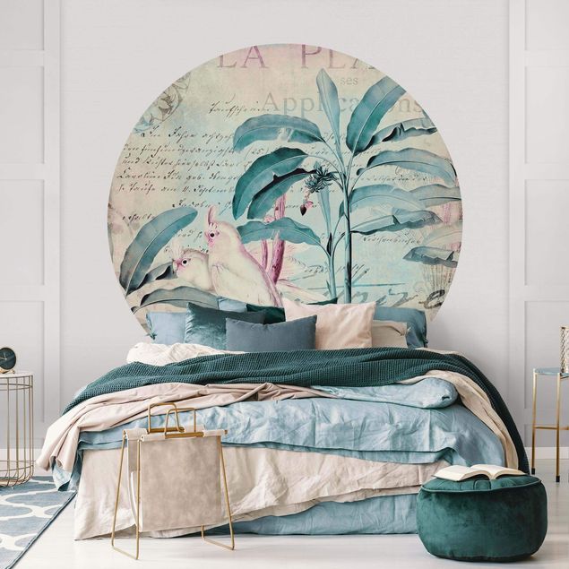 Self-adhesive round wallpaper - Colonial Style Collage - Cockatoos And Palm Trees