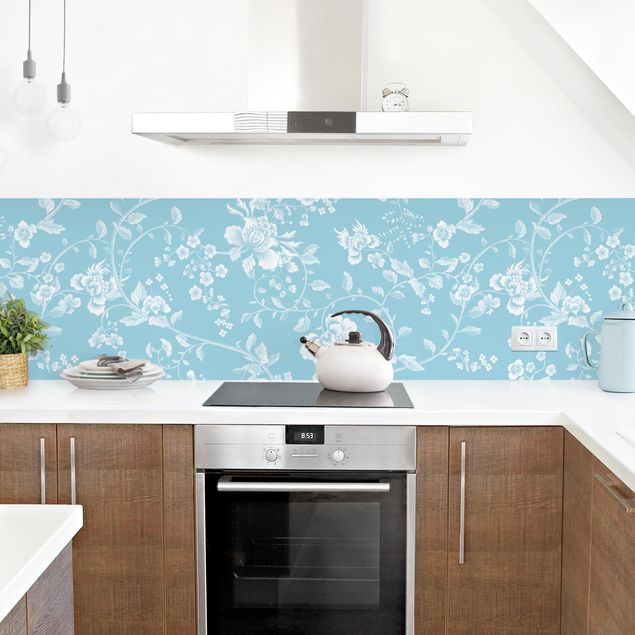 Kitchen wall cladding - Flower Tendrils On Blue