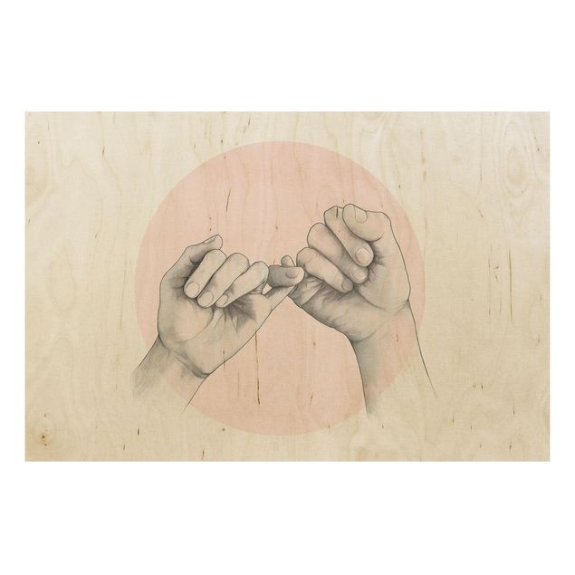 Print on wood - Illustration Hands Friendship Circle Pink White