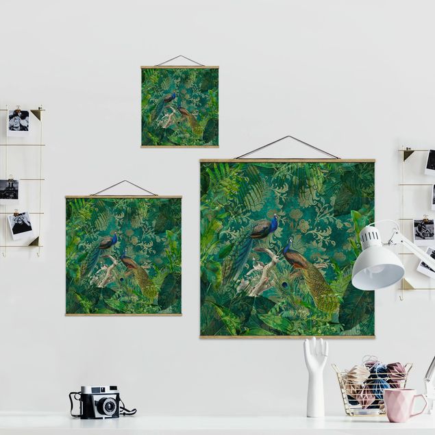 Fabric print with poster hangers - Shabby Chic Collage - Noble Peacock II
