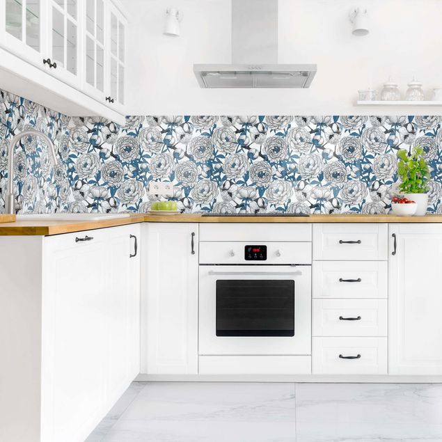 Kitchen splashback patterns Peonies And Tomtits In White And Blue