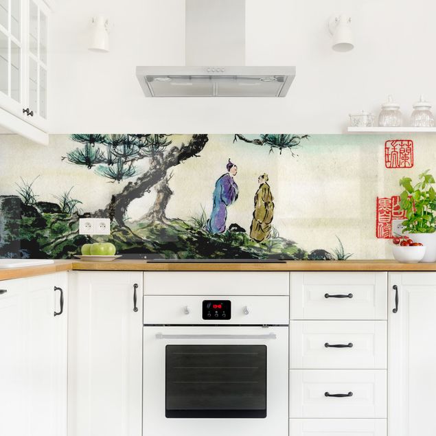 Kitchen wall cladding - Japanese Watercolour Drawing Pine And Mountain Village