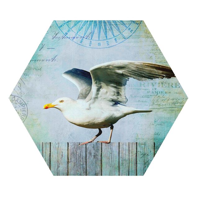 Alu-Dibond hexagon - Vintage Collage - Seagull On Wooden Planks
