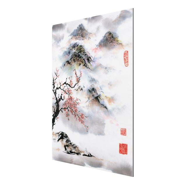 Print on aluminium - Japanese Watercolour Drawing Cherry Tree And Mountains