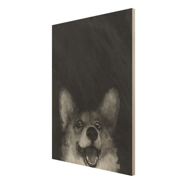 Print on wood - Illustration Dog Corgi Paintig Black And White