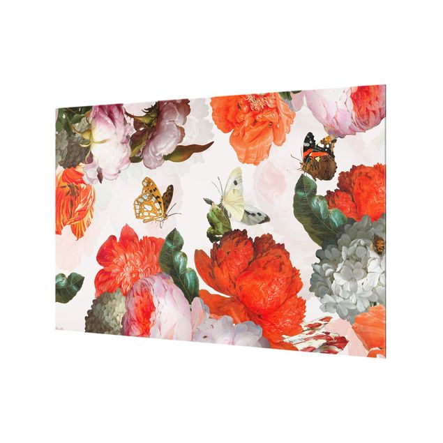 Splashback - Red Flowers With Butterflies - Landscape format 1:1