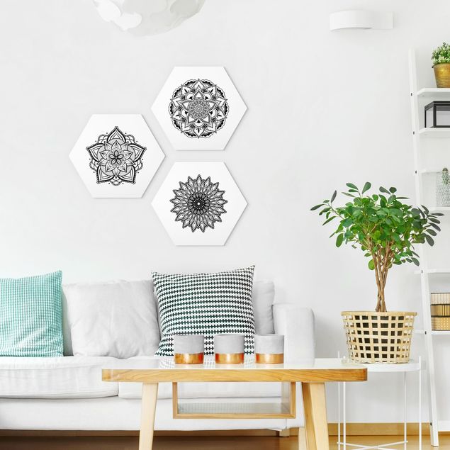 Alu-Dibond hexagon - Mandala Flower Sun Illustration Set Black And White