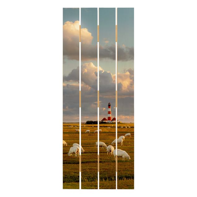 Print on wood - North Sea Lighthouse With Flock Of Sheep