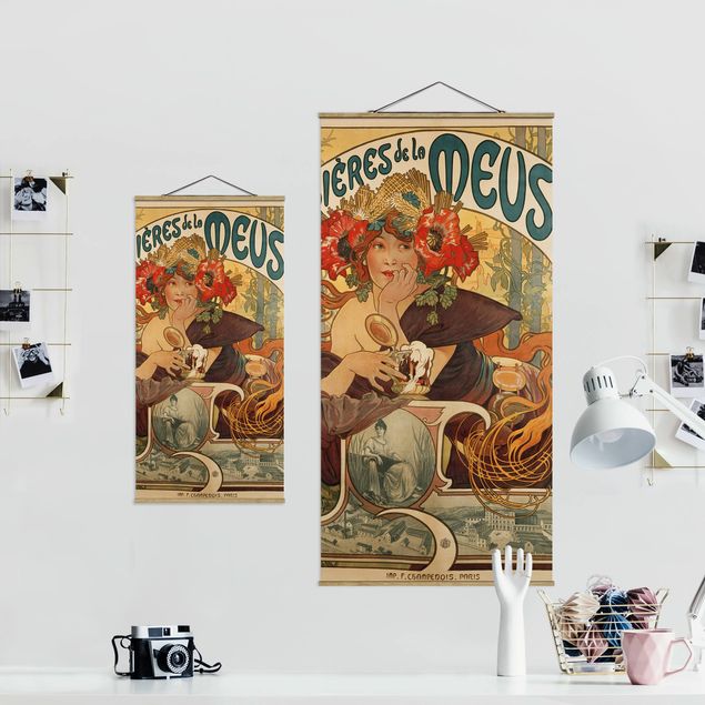 Fabric print with poster hangers - Alfons Mucha - Poster For La Meuse Beer