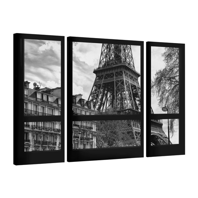 Print on canvas 3 parts - Window view Paris - Near the Eiffel Tower black and white