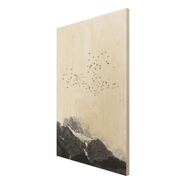 Print on wood - Flock Of Birds In Front Of Mountains Black And White