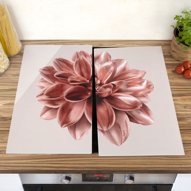 Glass stove top cover - Dahlia Flower Pink Gold Metallic
