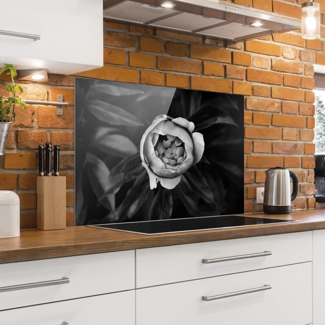 Glass splashback kitchen Peonies In Front Of Leaves Black And White