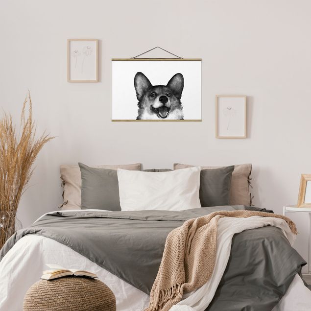 Fabric print with poster hangers - Illustration Dog Corgi Black And White Painting