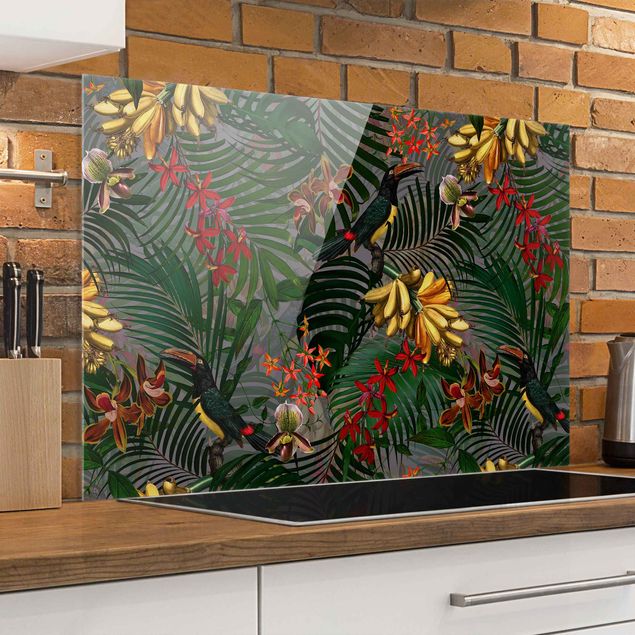 Glass splashback patterns Tropical Ferns With Tucan Green