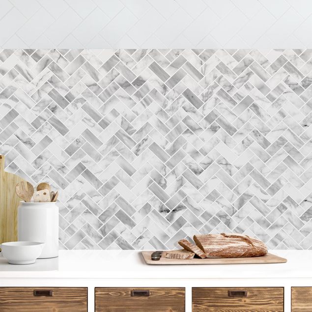 Kitchen splashback tiles Marble Fish Bone Tiles - White