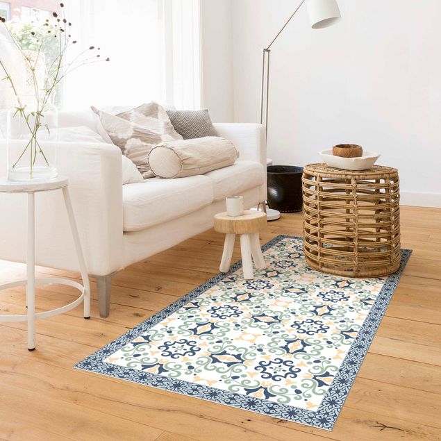 Outdoor rugs Floral Tiles Yellowish Blue With Border