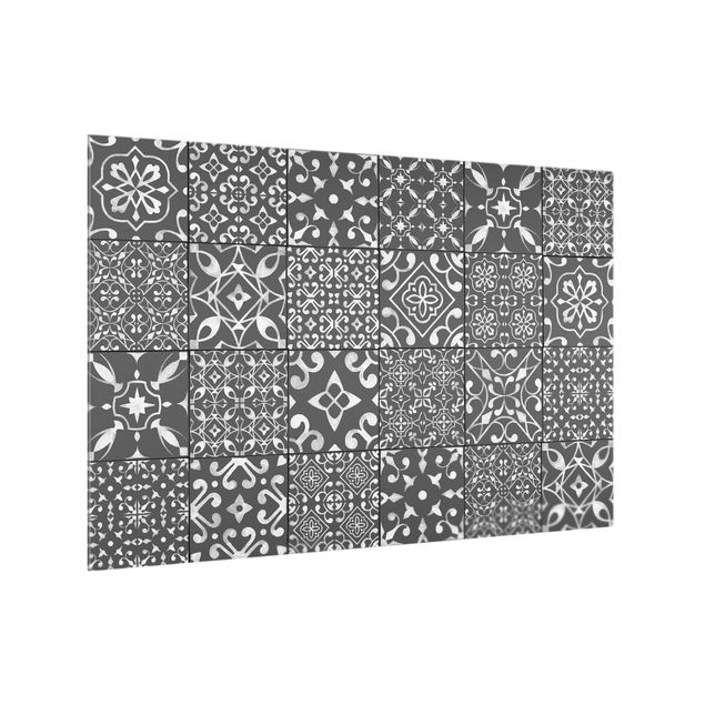 Glass splashback kitchen Patterned Tiles Dark Gray White