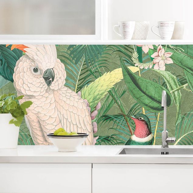Kitchen splashback flower Vintage Collage - Kakadu And Hummingbird