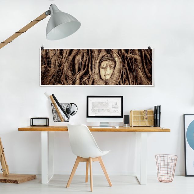 Panoramic poster spiritual - Buddha In Ayutthaya Lined From Tree Roots In Brown