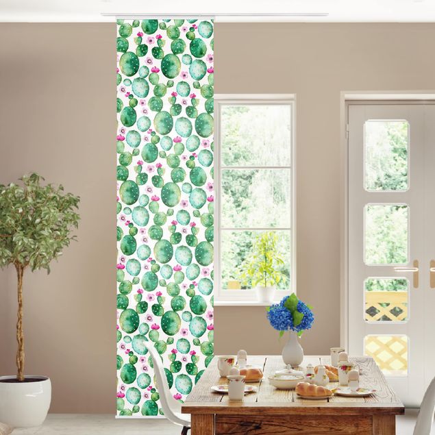 Sliding panel curtains set - Cactus With Flowers Watercolour