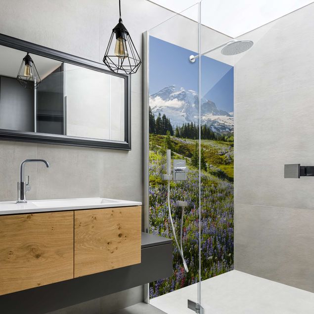 Shower wall panels Mountain Meadow With Blue Flowers in Front of Mt. Rainier
