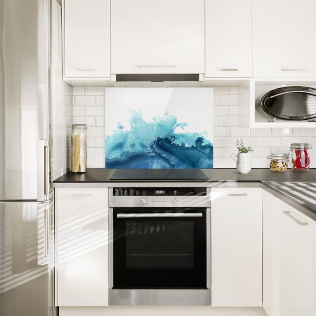 Glass splashback kitchen beach Wave Watercolor Blue I