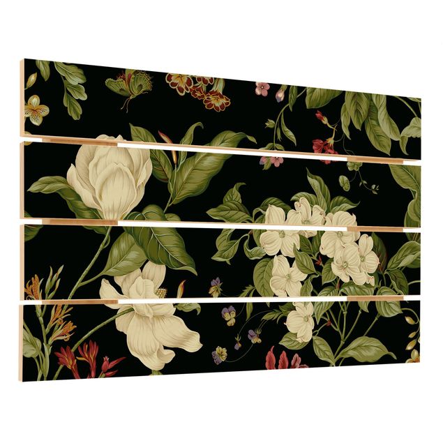 Print on wood - Garden Flowers On Black I