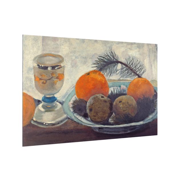 Glass art splashbacks Paula Modersohn-Becker - Still Life with frosted Glass Mug, Apples and Pine Branch