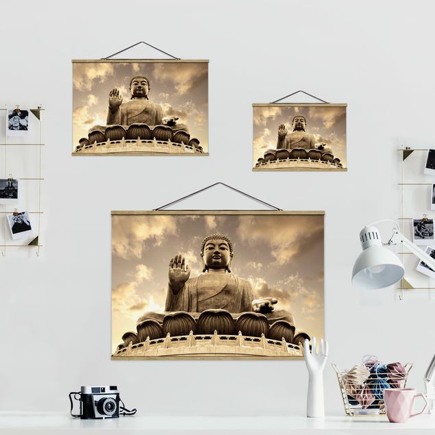 Fabric print with poster hangers - Big Buddha Sepia