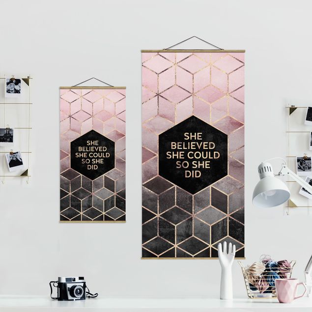 Fabric print with poster hangers - She Believed She Could Rosé Gold