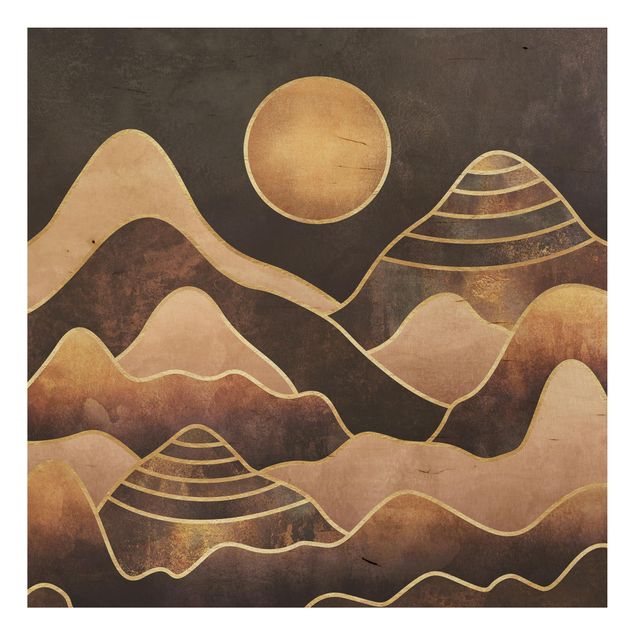 Print on wood - Golden Sun Abstract Mountains