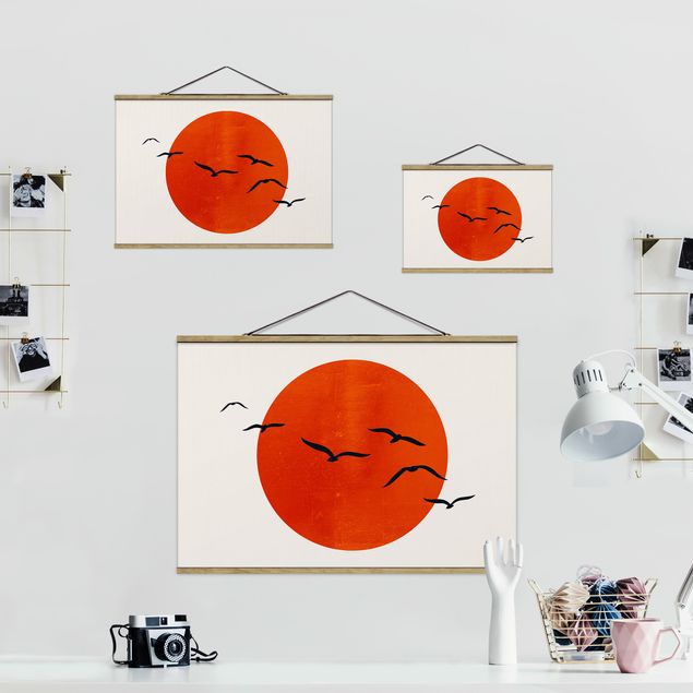 Fabric print with poster hangers - Flock Of Birds In Front Of Red Sun I