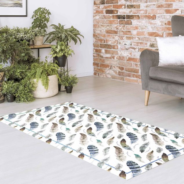 Outdoor rugs Boho Watercolour Feathers In Earthy Colours With Frame