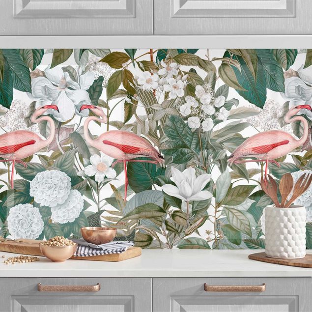 Kitchen splashback flower Pink Flamingos With Leaves And White Flowers II