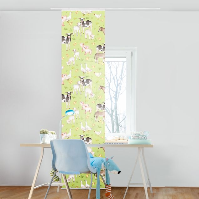Sliding panel curtain - Green Meadow With Cows And Chickens
