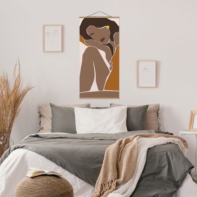 Fabric print with poster hangers - Line Art Woman Brown Beige