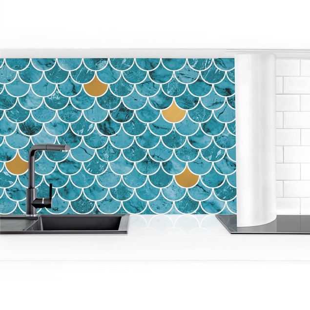 Kitchen wall cladding - Fish Scake Tiles Marble - Turquoise Gold