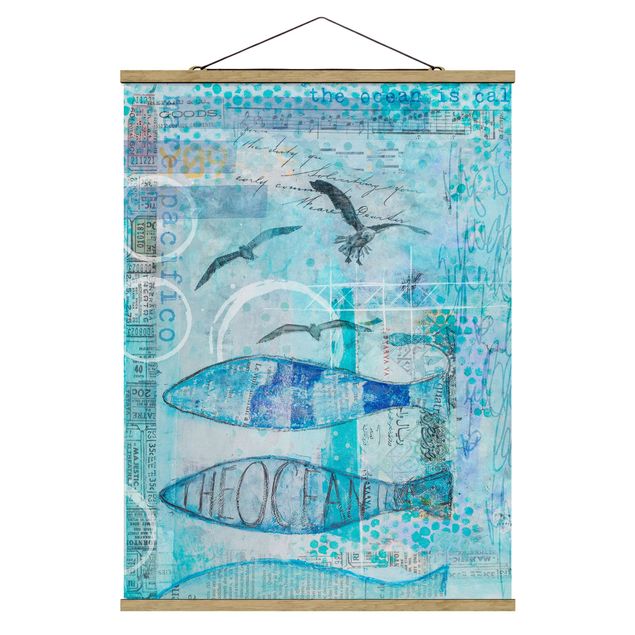 Fabric print with poster hangers - Colourful Collage - Blue Fish