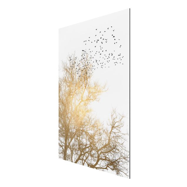 Alu-Dibond print - Flock Of Birds In Front Of Golden Tree