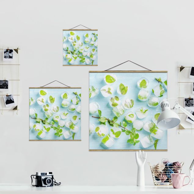 Fabric print with poster hangers - Ice Cubes With Mint Leaves
