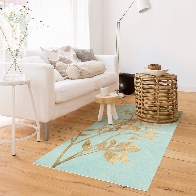 outdoor patio rugs Golden Leaves On Turquoise I