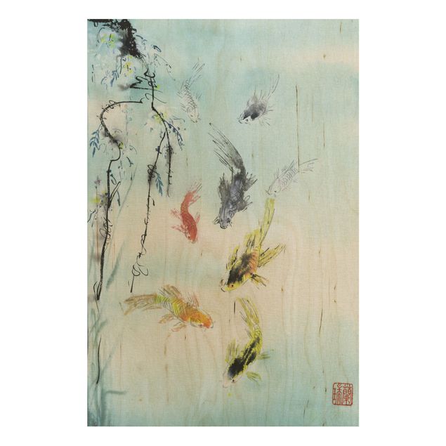 Print on wood - Japanese Watercolour Drawing Goldfish I
