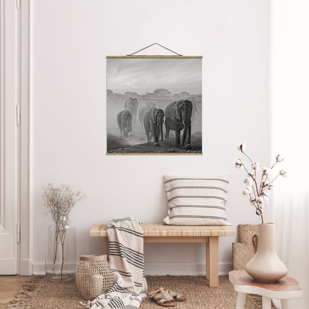 Fabric print with poster hangers - Herd Of Elephants