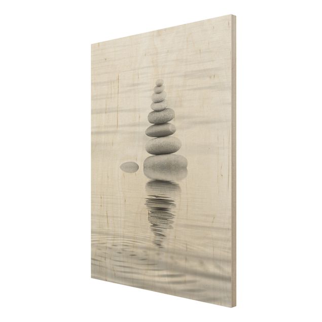 Print on wood - Stone Tower In Water Black And White