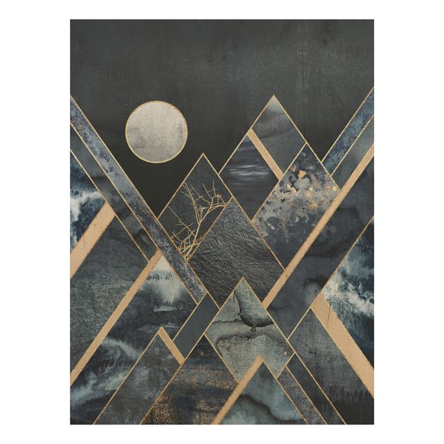 Print on wood - Golden Moon Abstract Black Mountains