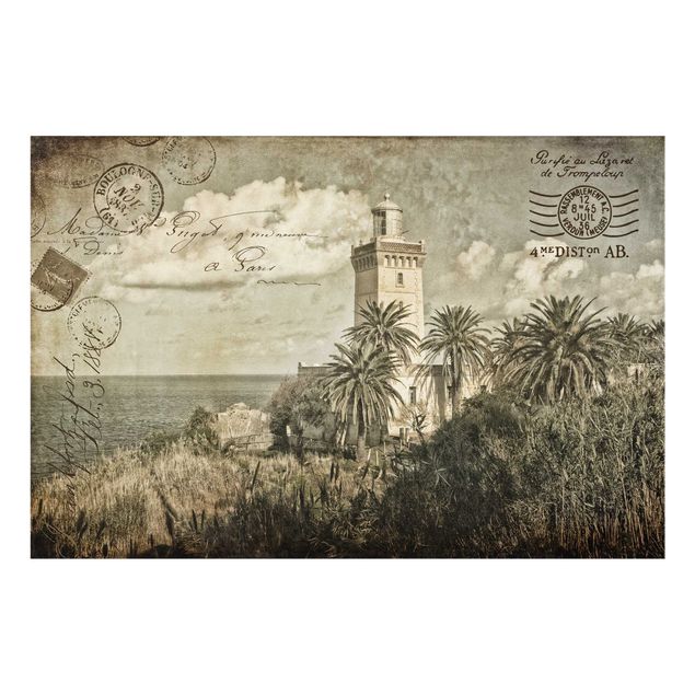 Glass splashback kitchen Vintage Postcard With Lighthouse And Palm Trees