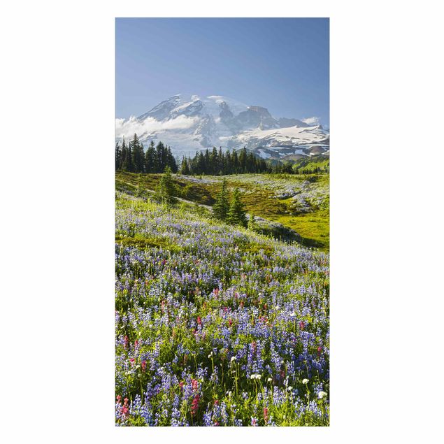 Shower wall cladding - Mountain Meadow With Blue Flowers in Front of Mt. Rainier